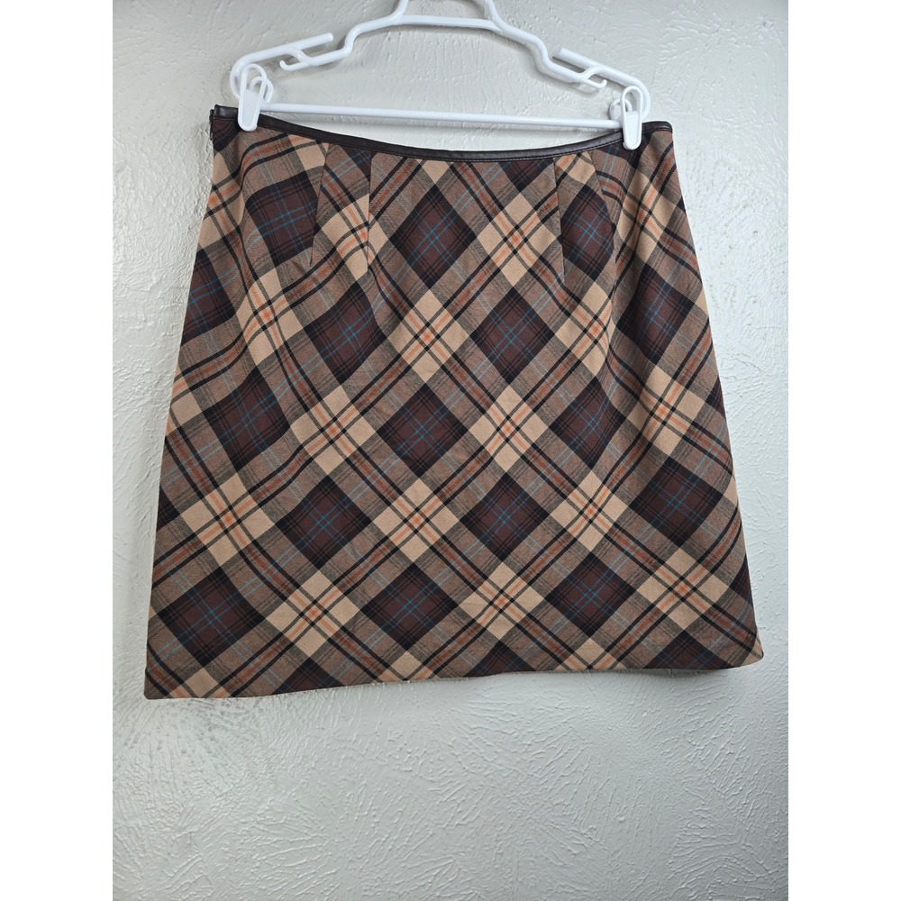 Preppy Plaid A-Line Mini Skirt Sz 20 Brown Faux Leather Trim Schoolgirl Academia